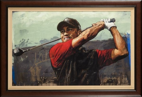 Tiger Woods Signed “Tee Off” Framed Stephen Holland Giclee on Canvas